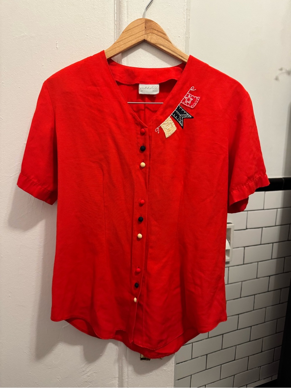 Red Short-Sleeve Button Front Shirt with Embroidery Detail and Colored Buttons